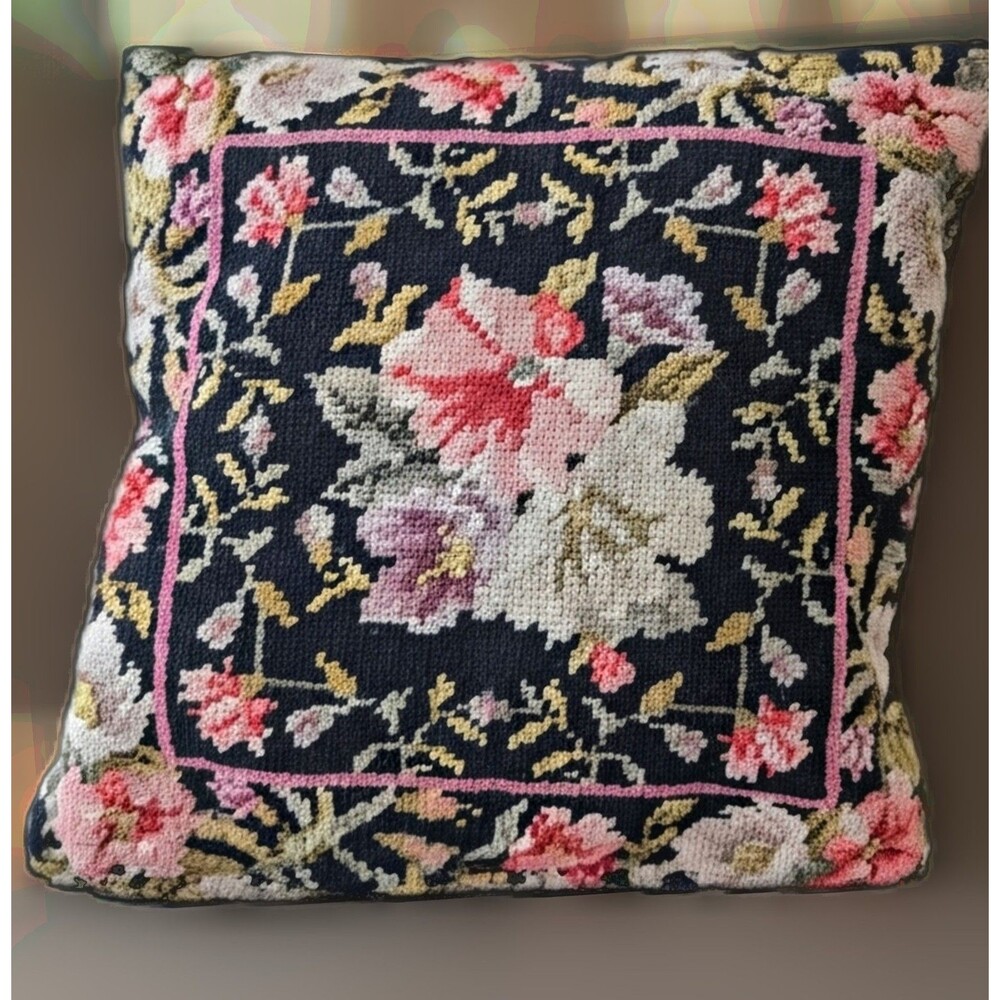 Needlepoint Black Floral Pillow Whimsigoth Katha Diddel 100% Wool Velvet 13x13